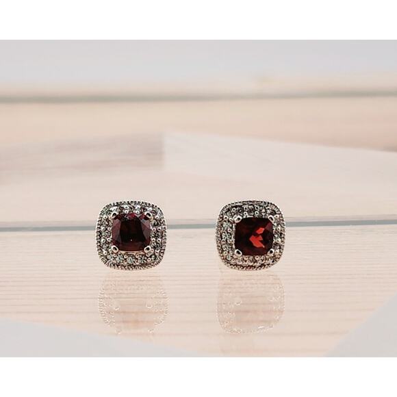 Sterling Silver Square 7mm Cushion Cut Created Ruby, CZ Halo Earrings Studs - Picture 1 of 9